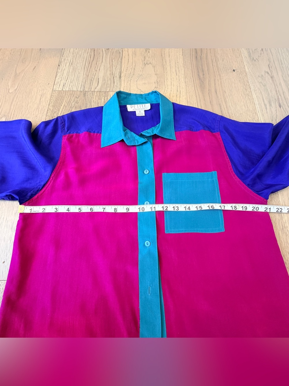 Vintage Silk Petite Sophisticate Color Block Blouse Medium Pink Teal Purple Y2K - Picture 11 of 13